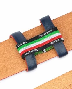 Blue Leather Belt Strap With Red Edges -Belt Shop 1 3 8 inch Blue Leather Belt Strap with Red Edges Woven lable