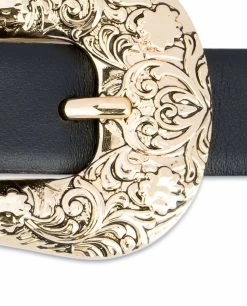 1 Inch Black Western Belt Womens | Floral Gold Buckle -Belt Shop 1 Inch Black Western Belt Womens Floral Engraved Gold Buckle