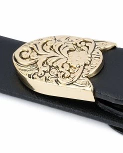 1 Inch Black Western Belt Womens | Floral Gold Buckle -Belt Shop 1 Inch Black Western Belt Womens Floral Gold Buckle 3 piece set