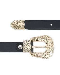 1 Inch Black Western Belt Womens | Floral Gold Buckle -Belt Shop 1 Inch Black Western Belt Womens Floral Gold Buckle Smooth leather