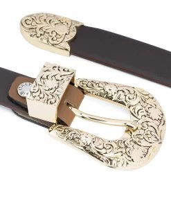 1 Inch Brown Western Belt Womens | Floral Gold Buckle -Belt Shop 1 Inch Brown Western Belt Womens Floral Gold Buckle Engraved