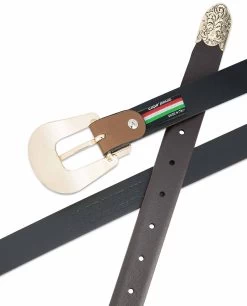 1 Inch Brown Western Belt Womens | Floral Gold Buckle -Belt Shop 1 Inch Brown Western Belt Womens Floral Gold Buckle Hot stamp on leather