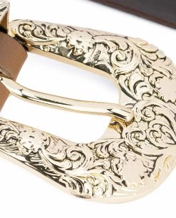 1 Inch Brown Western Belt Womens | Floral Gold Buckle -Belt Shop 1 Inch Brown Western Belt Womens Floral Gold Buckle Solid heavy