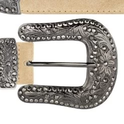 Beige Suede Womens Cowboy Belt With Black Rhinestone Buckle
