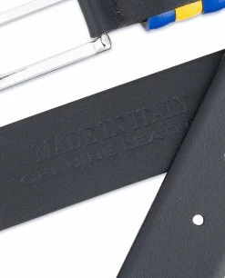 Black Leather Belt With Sweden Flag Colors -Belt Shop Black Leather Belt with Sweden Flag Colors Hot stamp