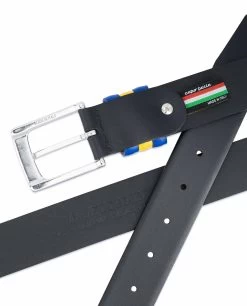 Black Leather Belt With Sweden Flag Colors -Belt Shop Black Leather Belt with Sweden Flag Colors Made in Italy