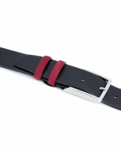 Black Mens Belt With Burgundy Suede Leather Loops -Belt Shop Black Mens Belt with Burgundy Suede Leather Loops Calfskin