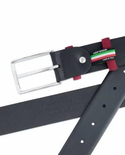 Black Mens Belt With Burgundy Suede Leather Loops -Belt Shop Black Mens Belt with Burgundy Suede Leather Loops Hot stamp