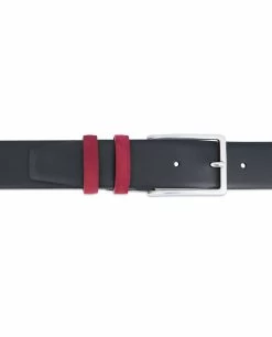 Black Mens Belt With Burgundy Suede Leather Loops -Belt Shop Black Mens Belt with Burgundy Suede Leather Loops On trousers