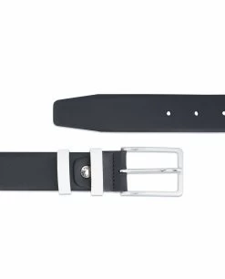 Black Mens Belt With White Leather Loops -Belt Shop Black Mens Belt with White Leather Loops Silver buckle