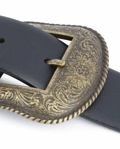 Black Western Belt Mens | Bronze Belt Buckle -Belt Shop Black Western Belt Mens Bronze Belt Buckle Floral emboss