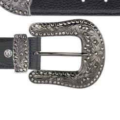 Black Designer Cowboy Belt With Rhinestone Buckle