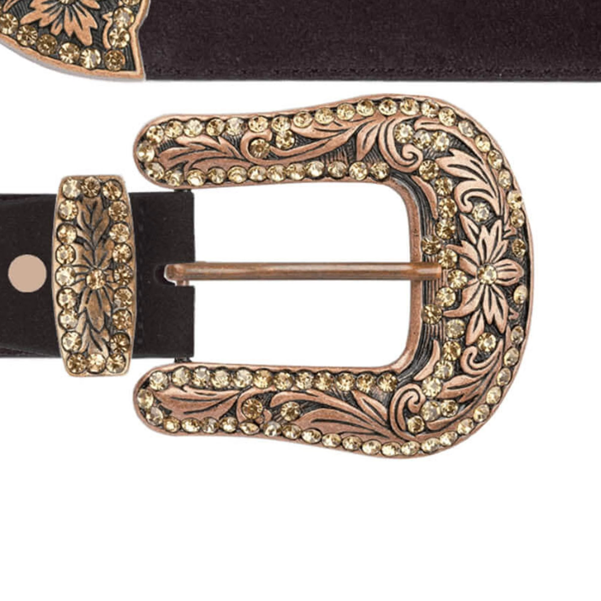Brown Suede Cowgirl Rhinestone Belt With Copper Buckle 3 Brown Suede Cowgirl Rhinestone Belt With Copper Buckle