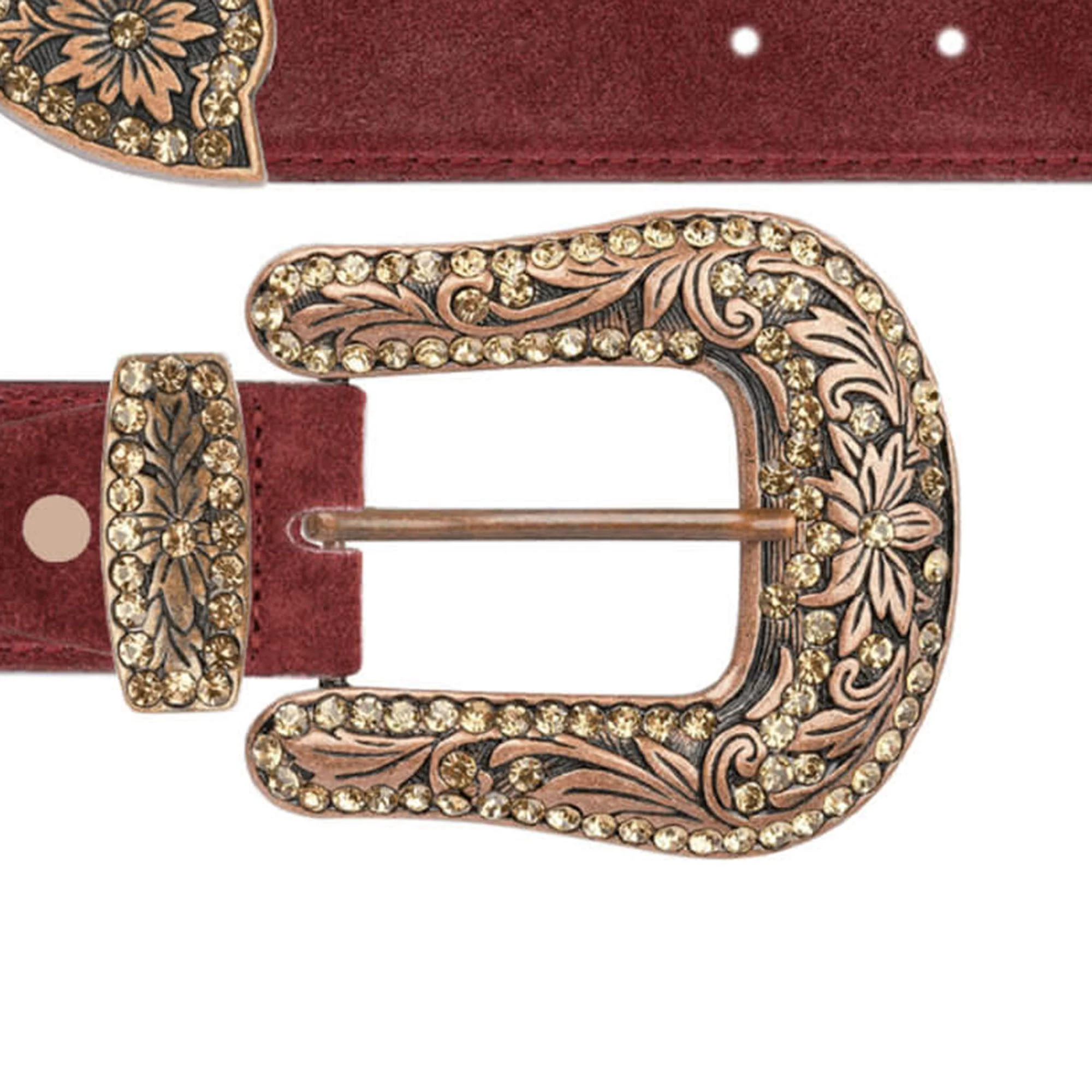 Burgundy Suede Western Belt With Copper Rhinestone Buckle 3 Burgundy Suede Western Belt With Copper Rhinestone Buckle
