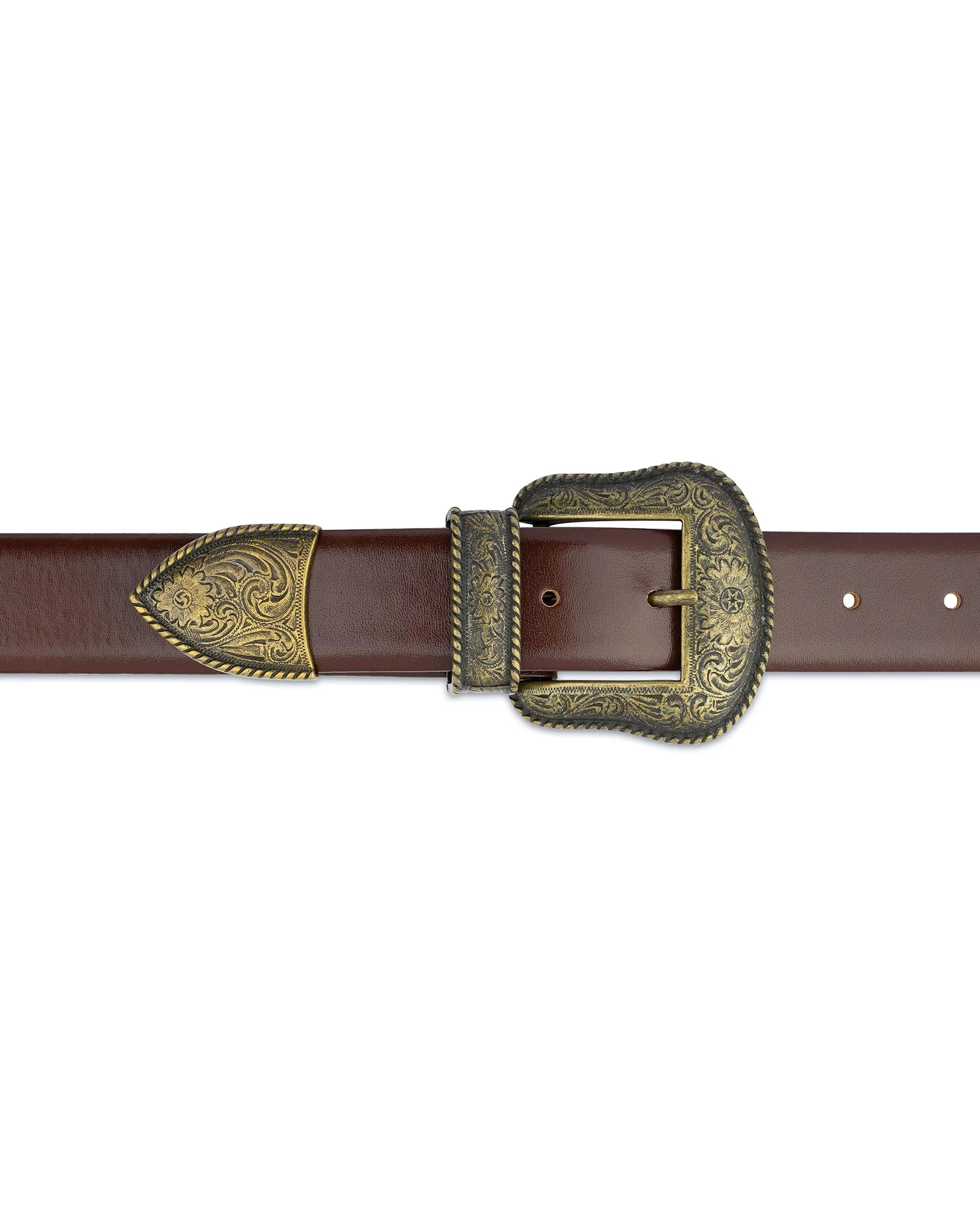 Cognac Leather Belt With Cowboy Bronze Buckle 3 Cognac Leather Belt With Cowboy Bronze Buckle