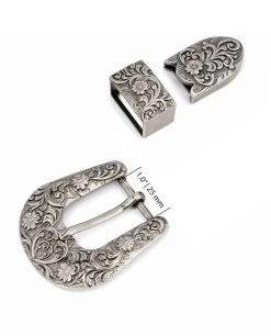 Western Belt Buckle Silver Antique 3 Piece Set -Belt Shop Cowboy Western Belt Buckle Silver Antique 25 mm Strap fit