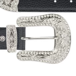 Lady Black Western Belt With Nickel Silver Crystal Buckle