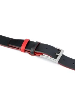 Men’s Designer Belt | Black With Red -Belt Shop Mens Designer Belt Black with Red Feather edges