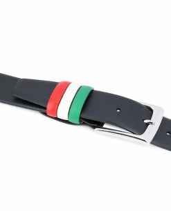 Black Leather Belt With Italy Flag Colors -Belt Shop Mens belts ITALY Flag belt Genuine leather Black smooth Italian gift ideas Belt loops