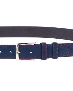 Blue Suede Belt With Red Stitches -Belt Shop Navy Blue Belt With Red Thread Buckle