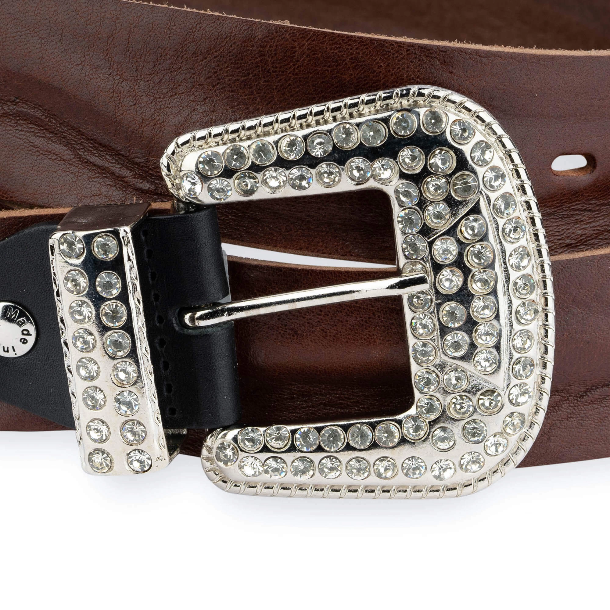 Rhinestone Buckle Belt Cowgirl | Brown Full Grain Leather 3 Rhinestone Buckle Belt Cowgirl | Brown Full Grain Leather