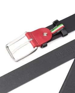 Smooth Leather Belt In Black With Red Buckle