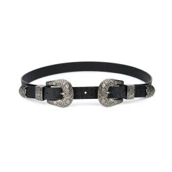 Western Double Buckle Belt For Women | Black Croco Leather