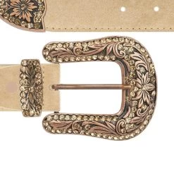 Western Beige Suede Belt With Copper Rhinestone Buckle