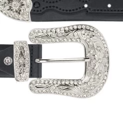 Western Black Tooled Belt With Nickel Rhinestone Buckle
