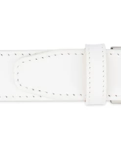 White Leather Belt With Black Buckle -Belt Shop White Leather Belt With Black Buckle Stitched