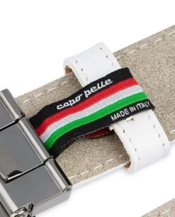 White Leather Belt With Black Buckle -Belt Shop White Leather Belt With Black Buckle Woven tag