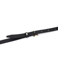 Womens Thin Black Belt | Brass Star Buckle 10 Womens Thin Black Belt | Brass Star Buckle -Belt Shop Womens Thin Black Belt Brass Star Buckle 5