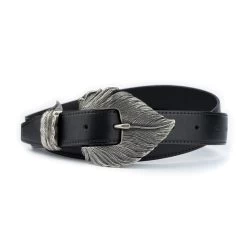 Silver Feather Buckle Belt Black Leather
