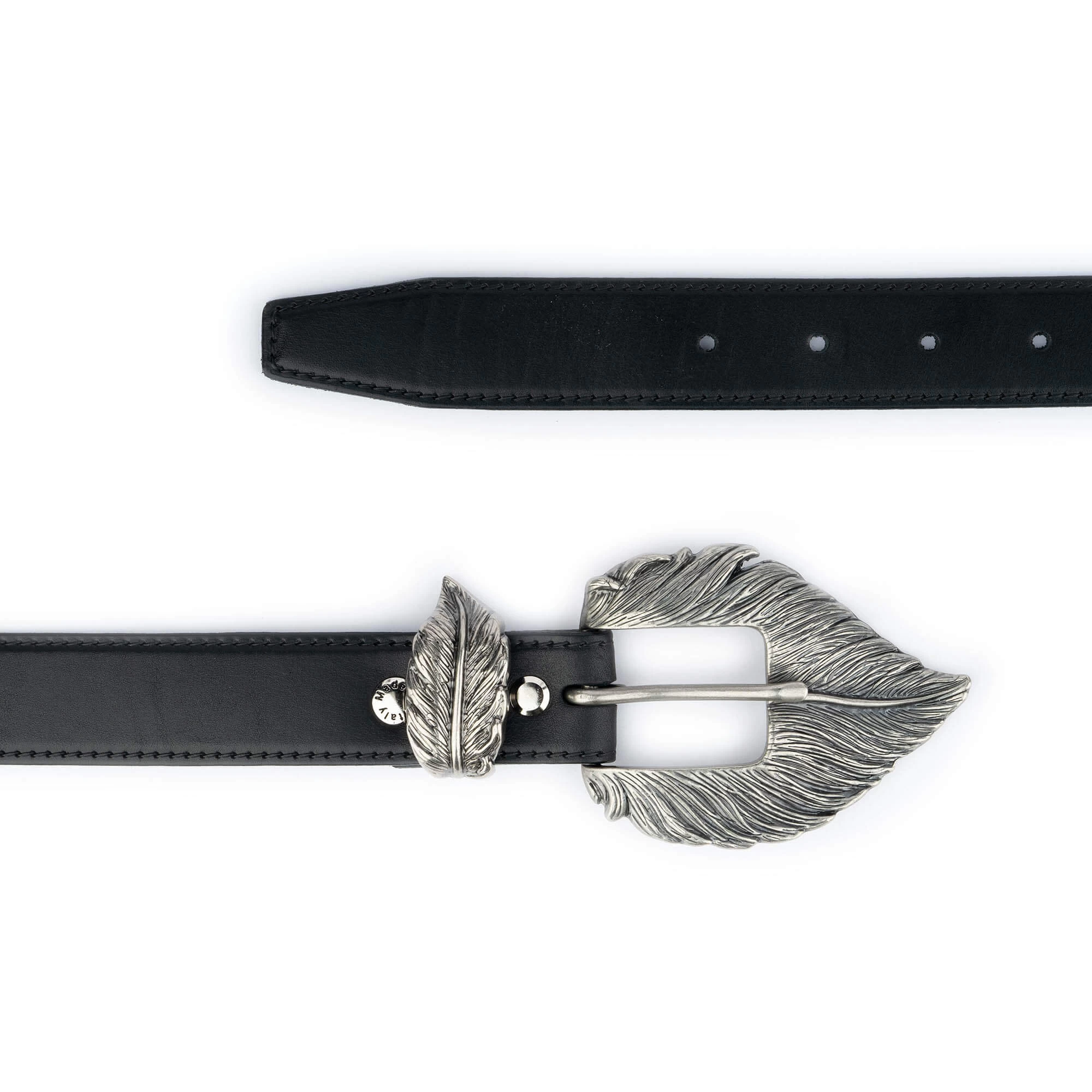 Silver Feather Buckle Belt Black Leather 4 Silver Feather Buckle Belt Black Leather - Image 2