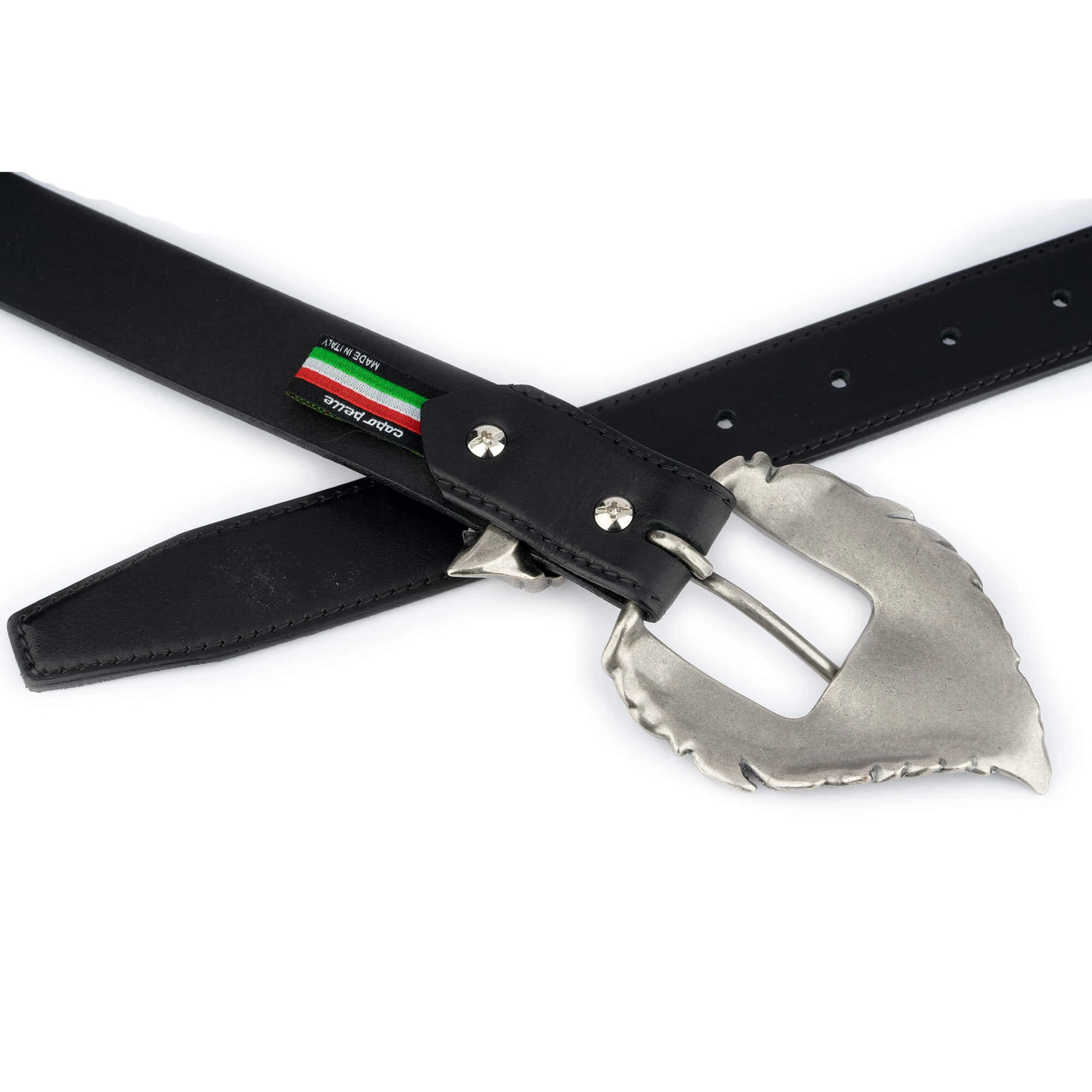 Silver Feather Buckle Belt Black Leather 9 Silver Feather Buckle Belt Black Leather - Image 7