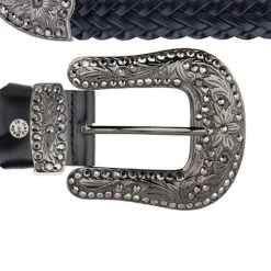 Black Braided Western Belt With Rhinestone Buckle