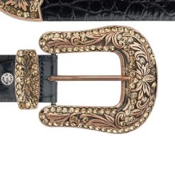 Black Croco Western Belt With Copper Rhinestone Buckle