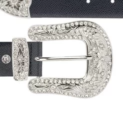 Black Saffiano Leather Cowgirl Rhinestone Buckle Belt