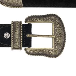 Black Suede Leather Cowboy Belt With Antique Gold Buckle