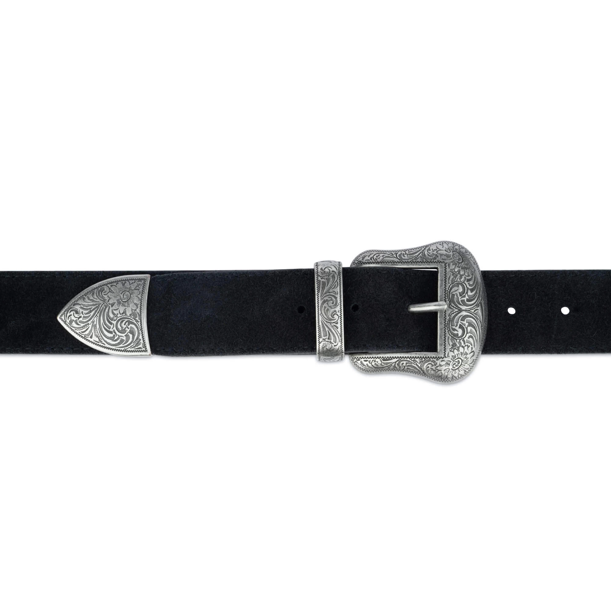 Black Suede Western Belts For Men 1.5 Inch With Silver Buckle