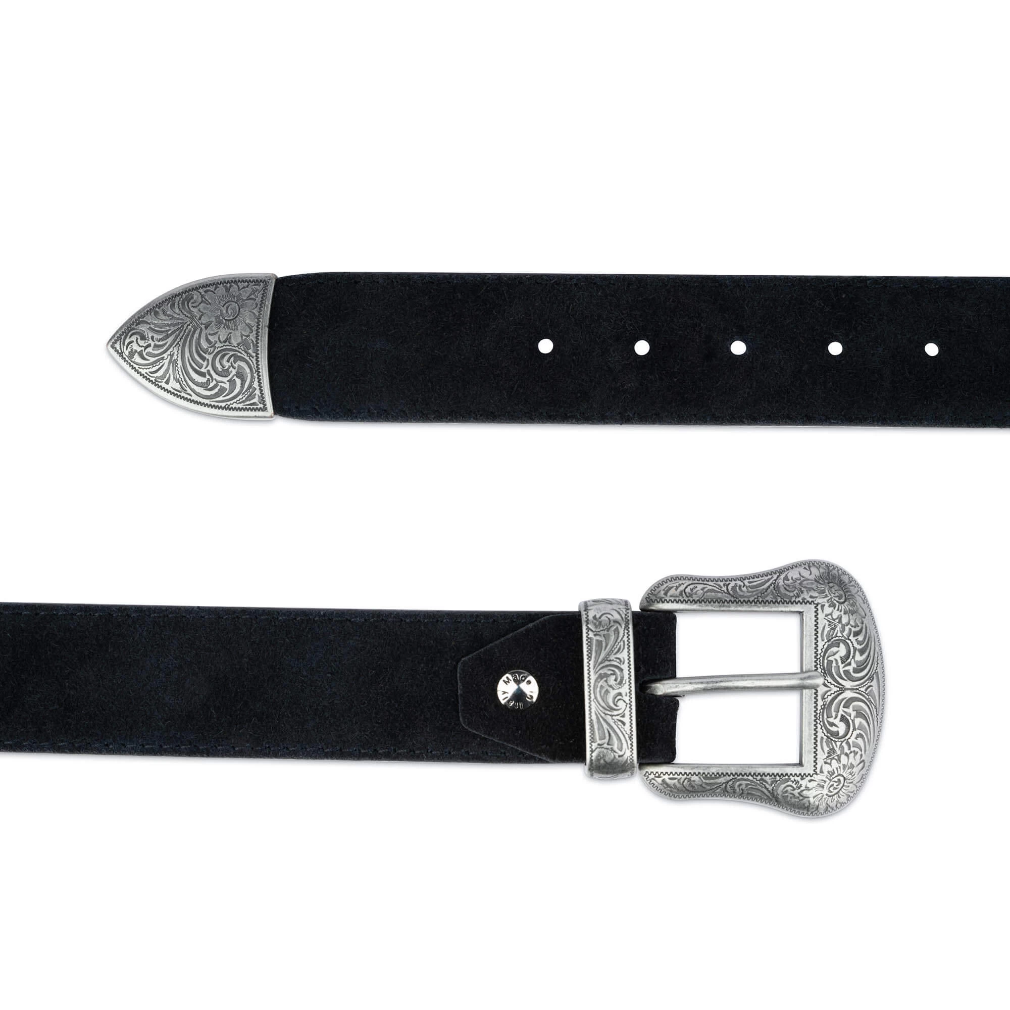 Black Suede Western Belts For Men 1.5 Inch With Silver Buckle 3 Black Suede Western Belts For Men 1.5 Inch With Silver Buckle - Image 2