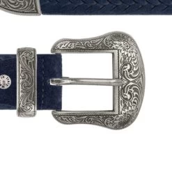 Blue Suede Embossed Western Belt With Metal Buckle
