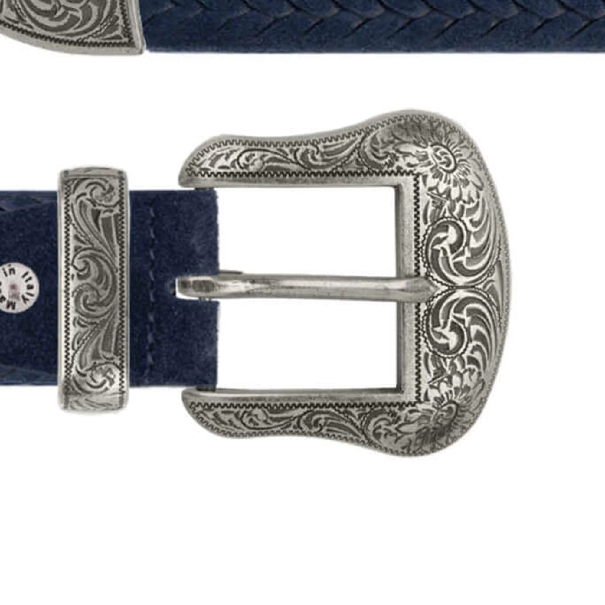 Blue Suede Embossed Western Belt With Metal Buckle 3 Blue Suede Embossed Western Belt With Metal Buckle
