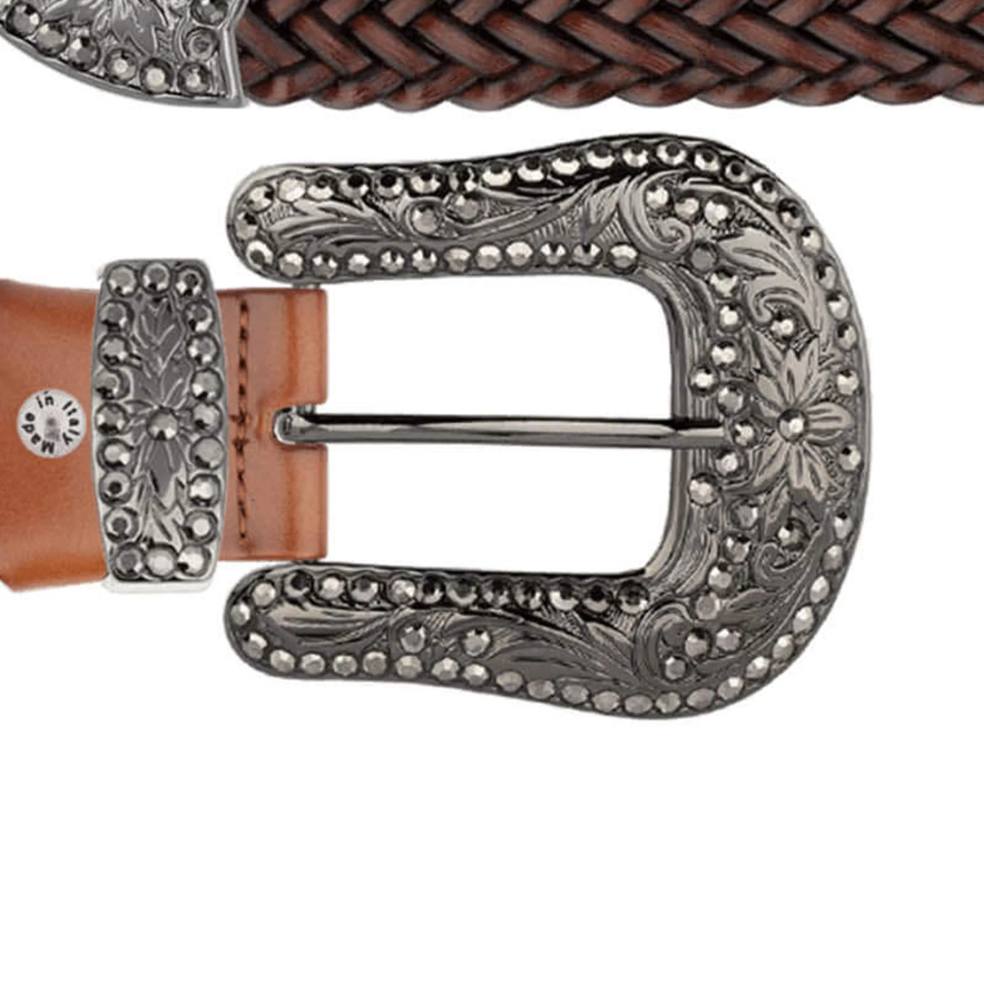 Brown Braided Western Belt With Black Crystal Buckle 3 Brown Braided Western Belt With Black Crystal Buckle