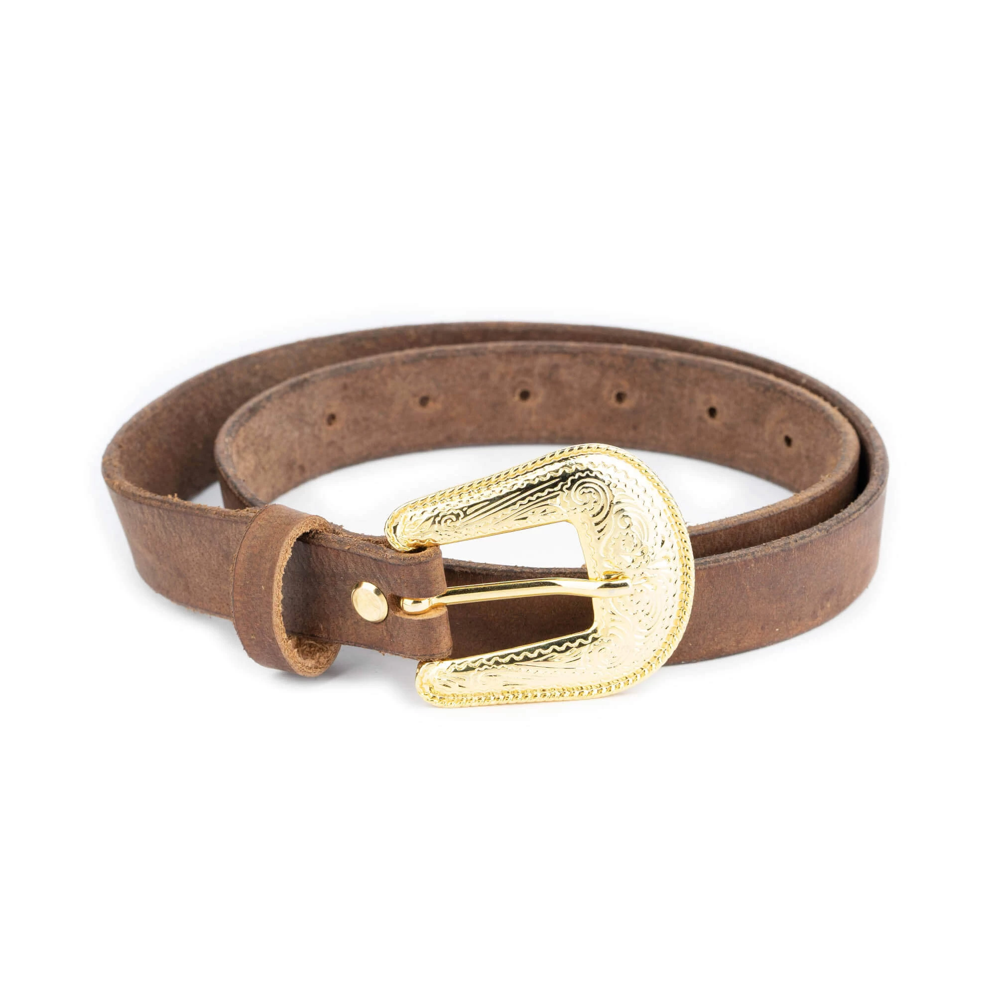 Brown Handmade Western Belt With Gold Buckle 3 Brown Handmade Western Belt With Gold Buckle