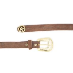 Brown Leather Ranger Belt With Gold Buckle Star -Belt Shop brown leather ranger belt with gold buckle star 2