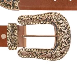 Copper Rhinestone Buckle Western Belt – Brown Leather