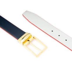 Men’s Light Gray Belt With Gold Buckle | Reversible To Blue -Belt Shop men s light gray belt with gold buckle reversible to blue 5