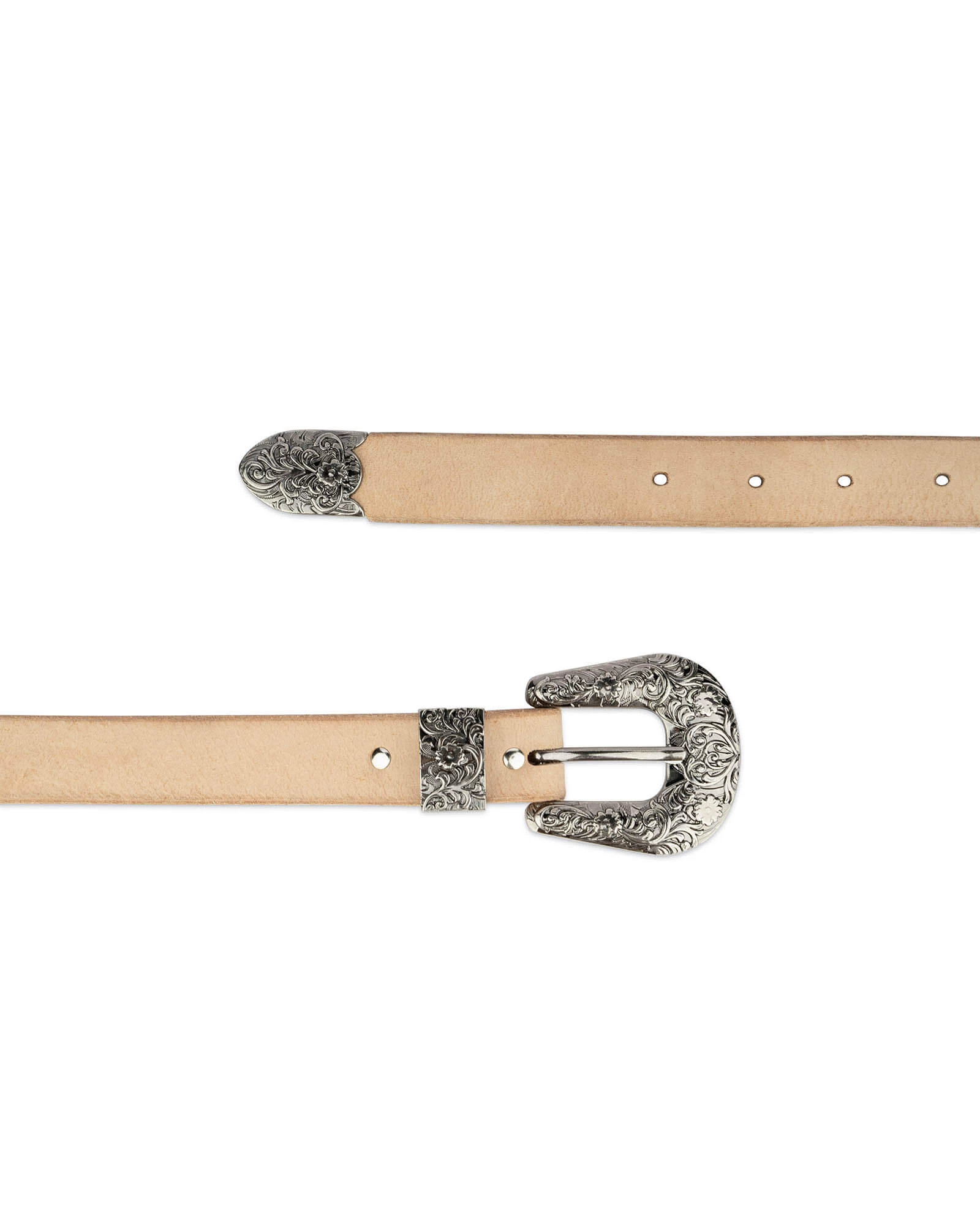 Natural Leather Western Belt With Antique Silver Buckle 3 Natural Leather Western Belt With Antique Silver Buckle