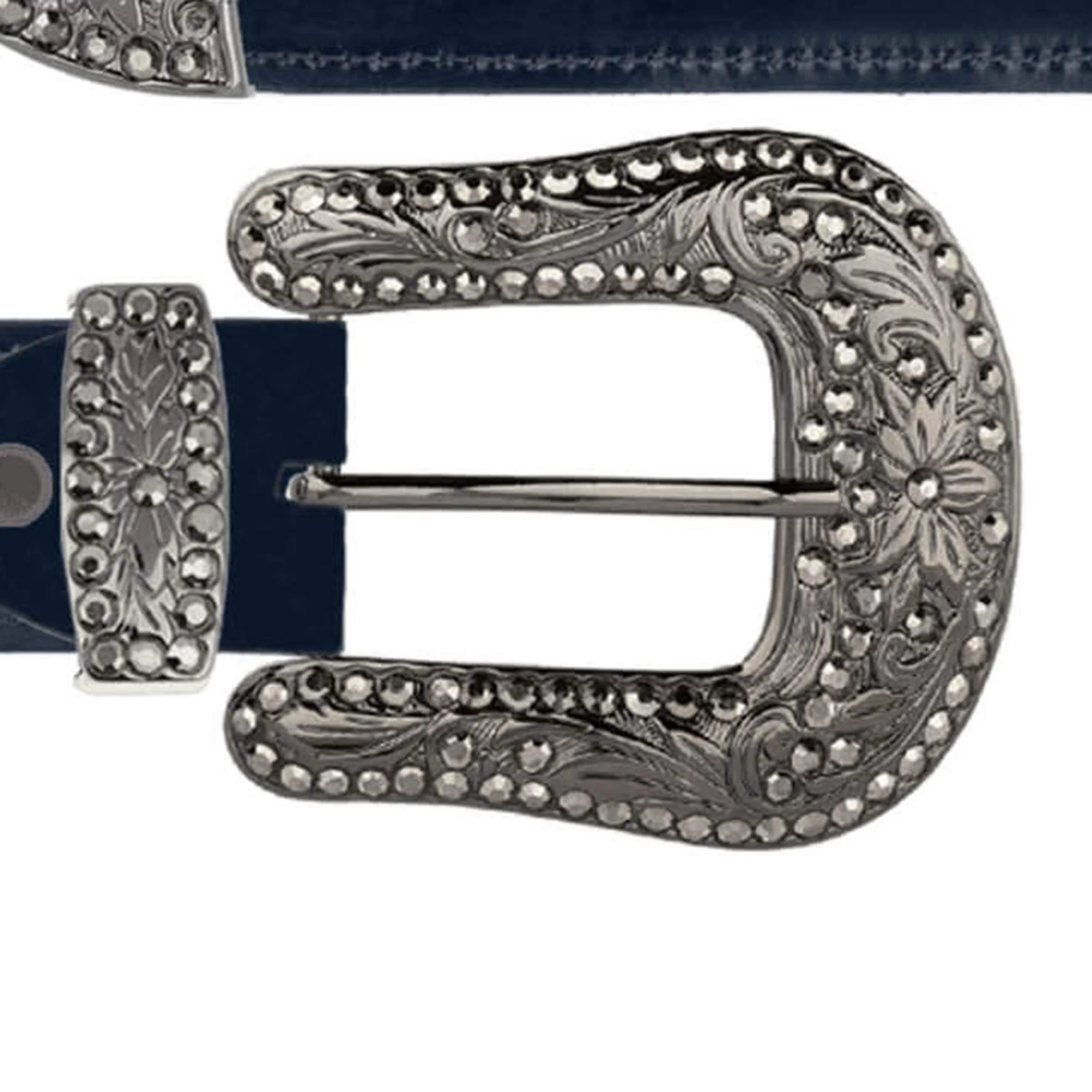 Navy Blue Western Belt With Black Rhinestone Buckle 3 Navy Blue Western Belt With Black Rhinestone Buckle